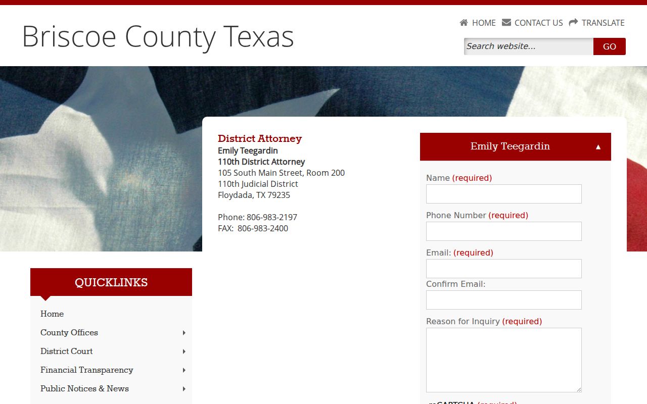 Briscoe County arrest warrant records, 110th District Attorney office location