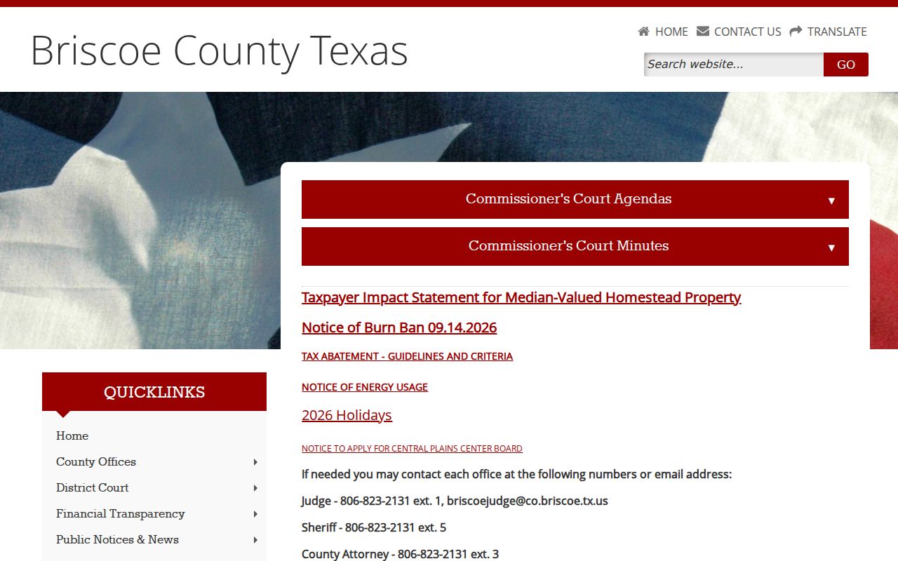 Briscoe County warrant lookup, county contact extensions and office routing