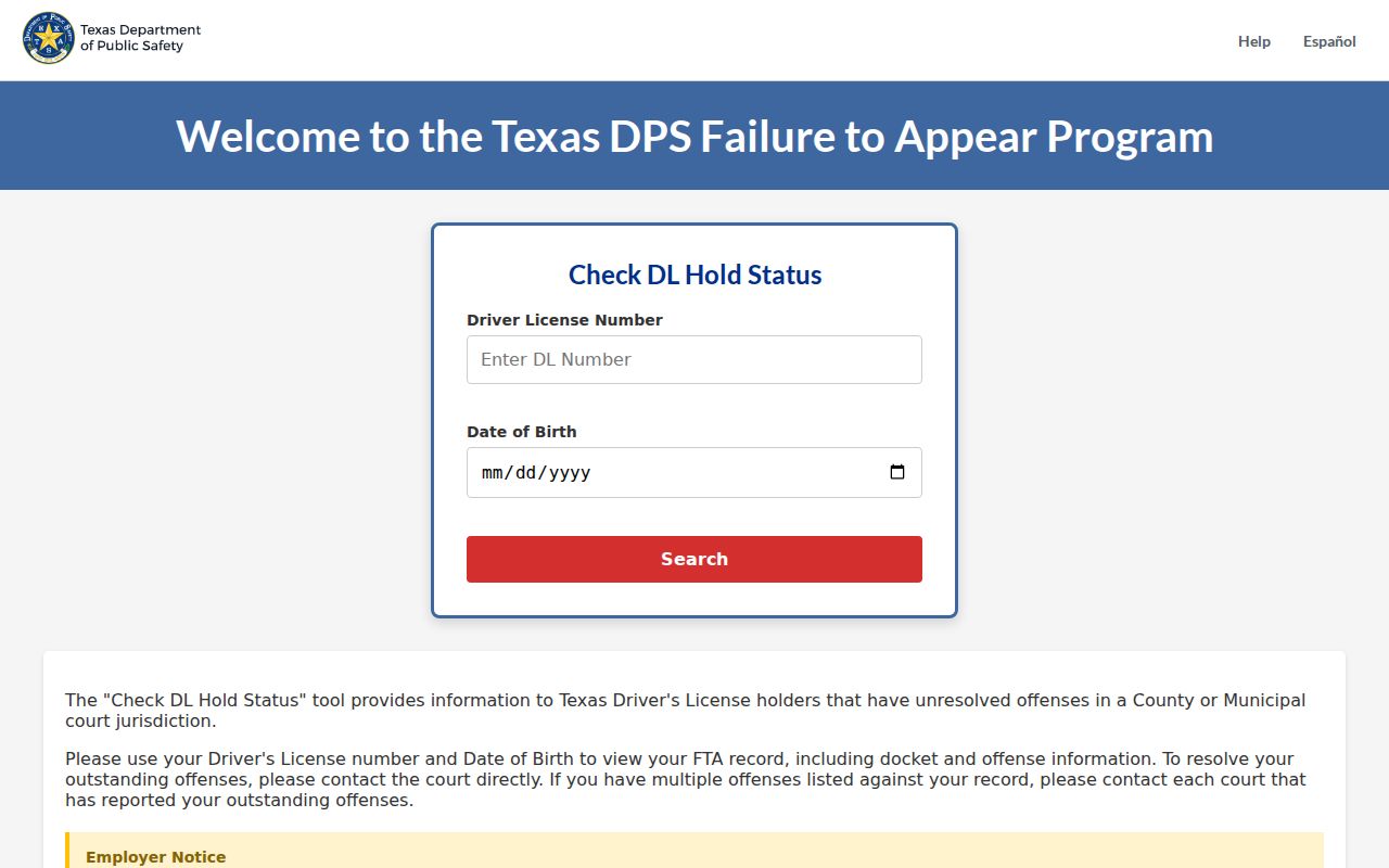 Briscoe County traffic warrant check, Texas FTA portal driver license and birth date fields