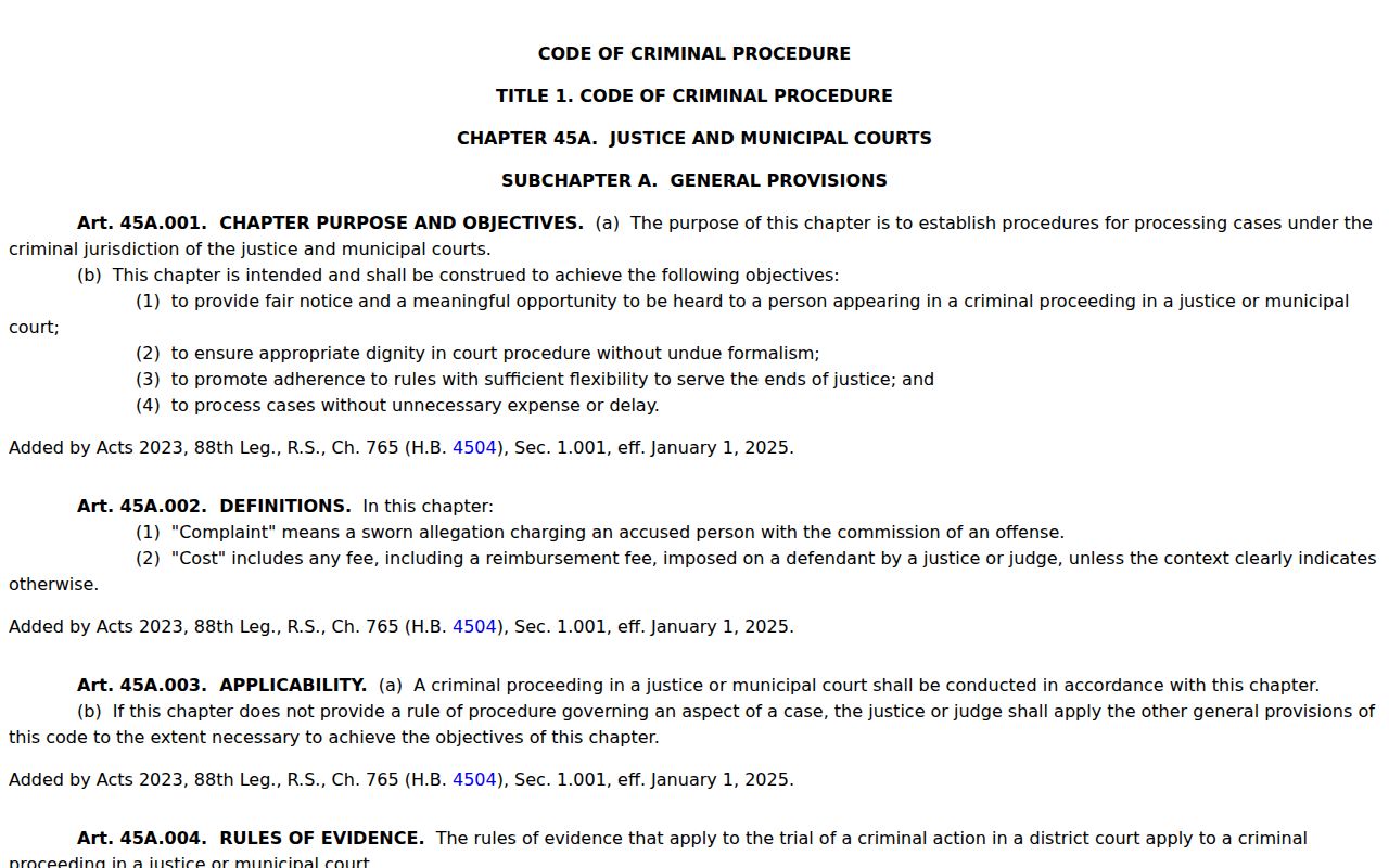 Briscoe County traffic warrant rules, Texas fine-only FTA and capias statute