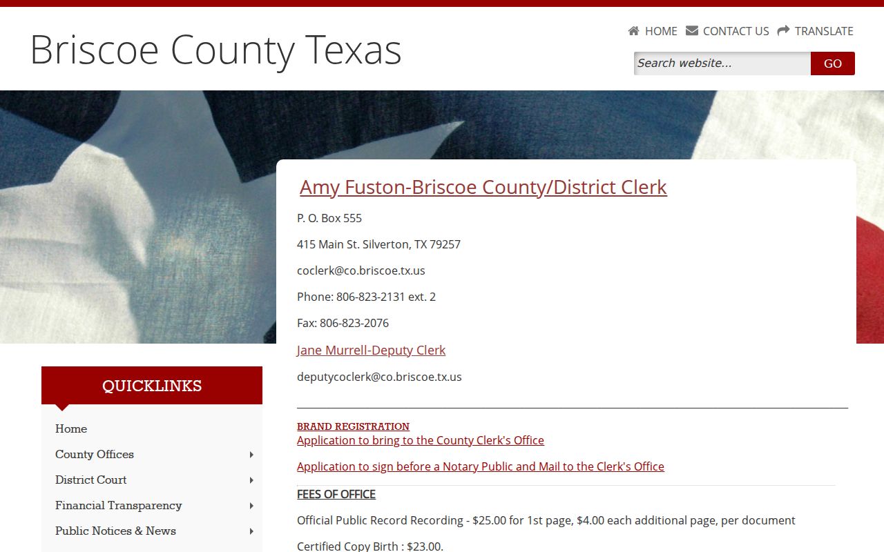 Briscoe County warrant records, County Clerk fees and payment information