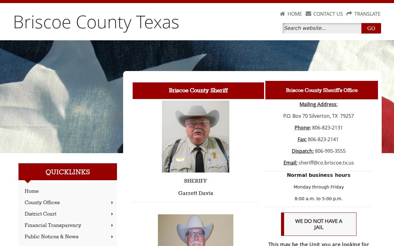 Briscoe County warrant records, sheriff office contact page and no-jail notice